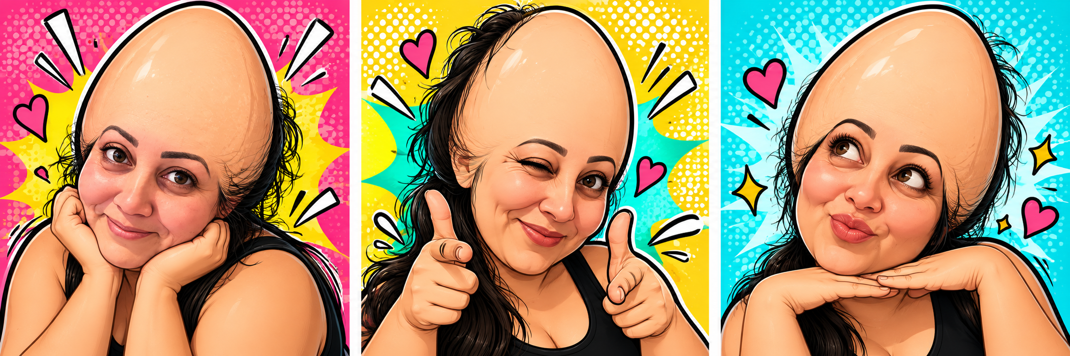 Galeria de caricaturas da Andressa em três poses cômicas